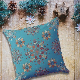 Teal Scandinavian Folk mönster snöflingor Kudde