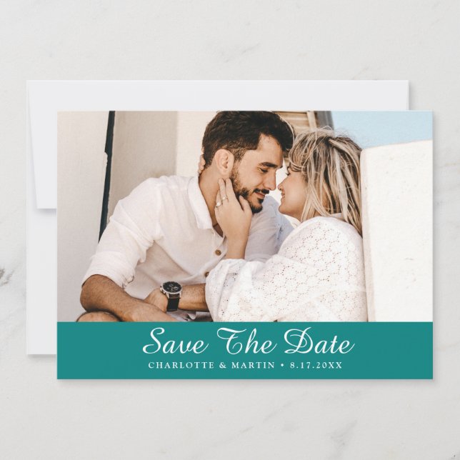 Teal Script Bröllop Photo Save Date Card Spara Datumet (Framsida)