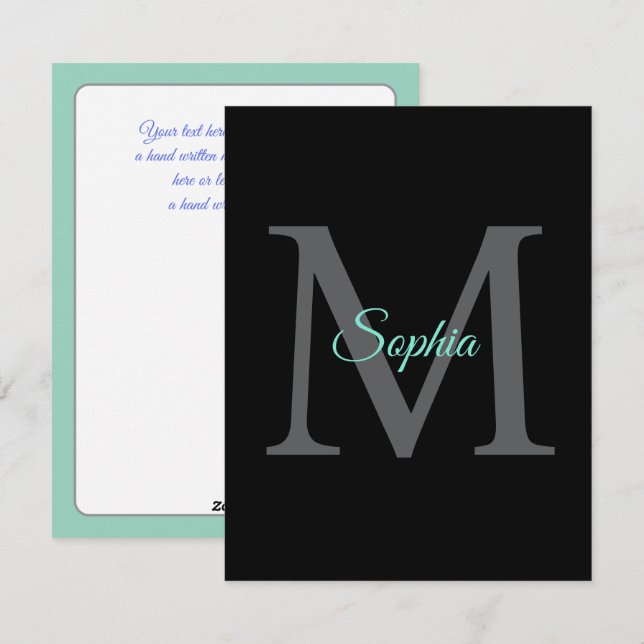 Teal Script Namn Large Grått Monogram Black Messag Julkort (Fram/baksida)