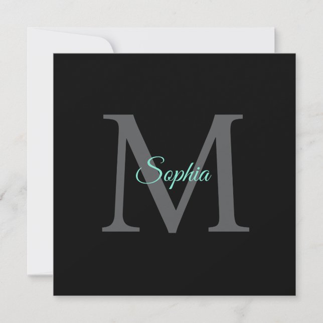 Teal Script Namn Large Grått Monogram Black Messag Tack Kort (Framsida)