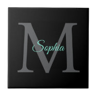 Teal Script Namn, stort Grått Monogram på svart