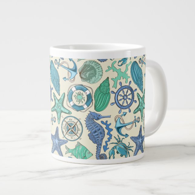 Teal Sea Animals Mönster Jumbo Mugg (Framsida höger)