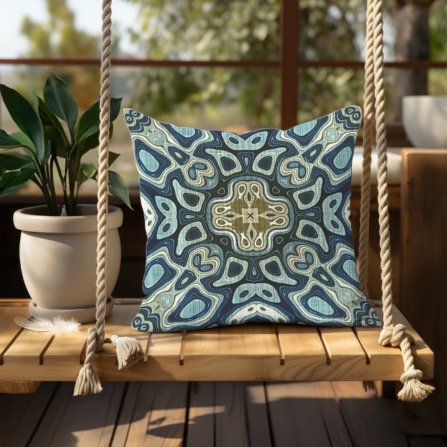 Teal Seafoam Blue Mustard Grönt Orient Tribal Art Kudde (Skapare uppladdad)