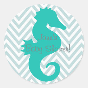 Teal Seahorse Beach Theme Baby Shower Sticker Runt Klistermärke