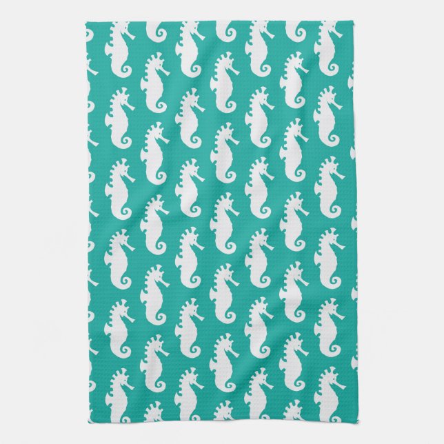 Teal Seahorse Mönster 1 Kökshandduk (Vertikal)