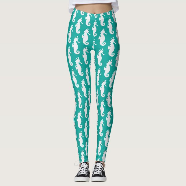 Teal Seahorse Mönster 1 Leggings (Framsida)