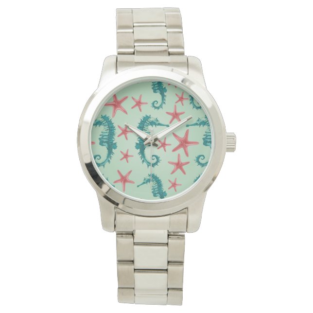 Teal Seahorse Mönster 2 Armbandsur (Framsida)