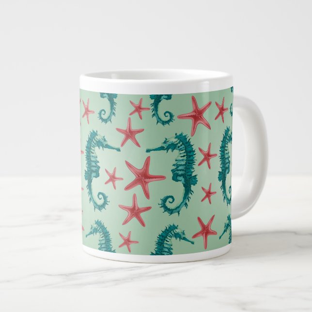 Teal Seahorse Mönster 2 Jumbo Mugg (Framsida höger)