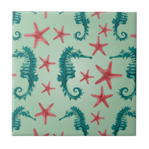 Teal Seahorse Mönster 2 Kakelplatta