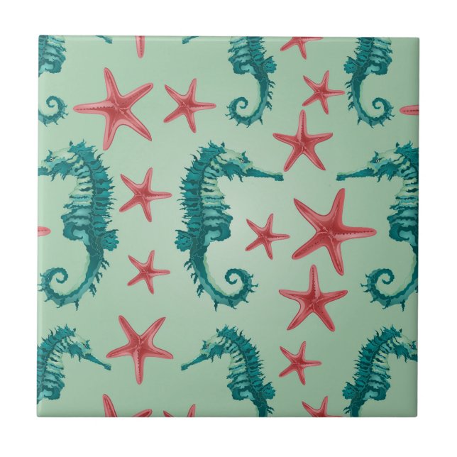 Teal Seahorse Mönster 2 Kakelplatta (Framsidan)