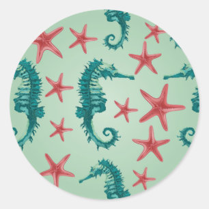 Teal Seahorse Mönster 2 Runt Klistermärke