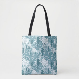 Teal Seahorse Oceanic Mönster Tote Bag Tygkasse