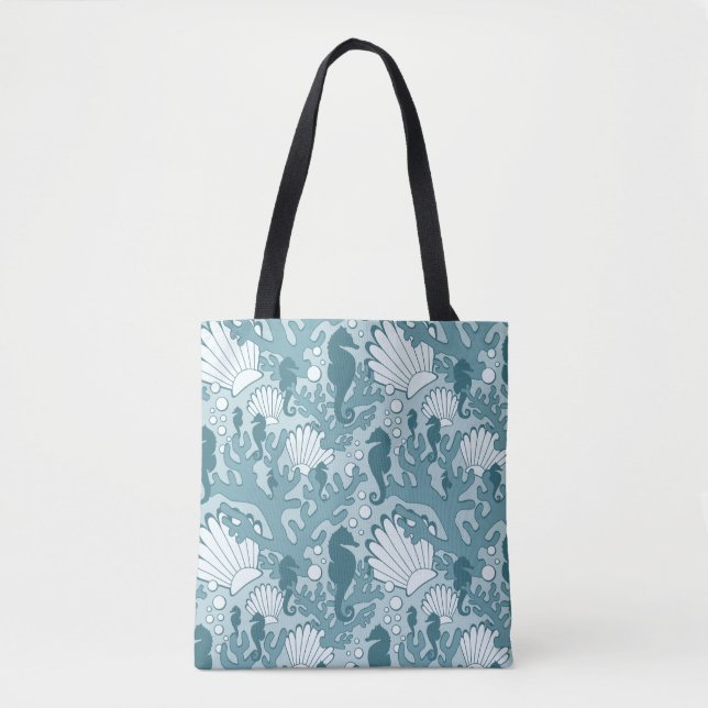 Teal Seahorse Oceanic Mönster Tote Bag Tygkasse (Framsida)