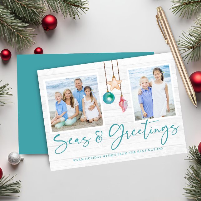 Teal Seas and Hälsning Coastal Wood Helgdag Photo Julkort (Teal Seas and Greetings Coastal Wood Holiday Photo Card)