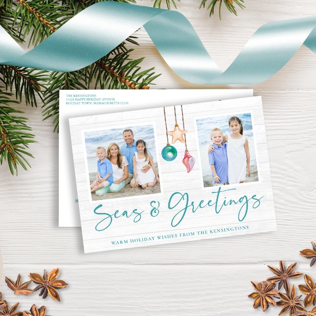 Teal Seas och Hälsning Seashell Ornament Photo Helg Vykort (Teal Seas and Greetings Seashell Ornament Photo Holiday Postcard)