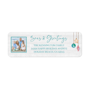 Teal Seas och Hälsning Seashell Ornament Photo Returadress Etikett