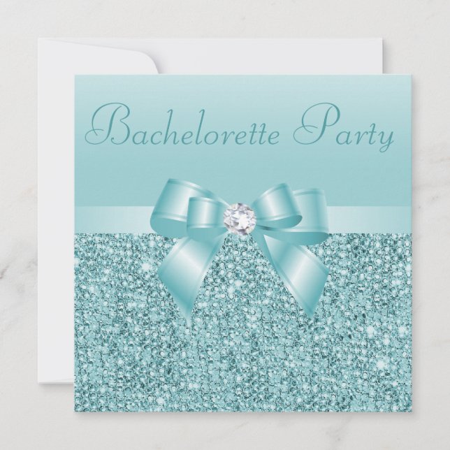 Teal Sequins, Bow & Diamond Bachelorette Party Inbjudningar (Framsida)