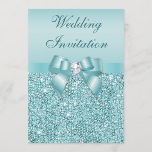 Teal Sequins Diamonds Faux Bow Bröllop Inbjudningar