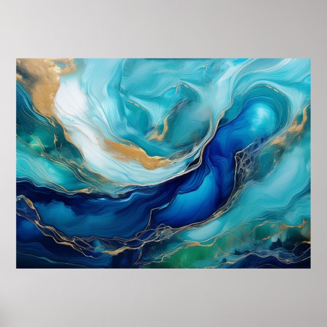 Teal Serenity Cobalt och Grönt Oceanic Abstraction Poster (Framsidan)