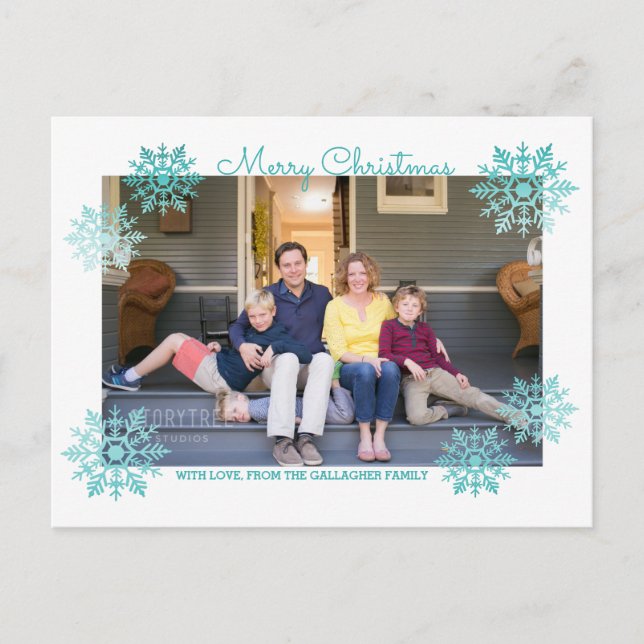 Teal Shimmering Chic Snowflake Helgdag Photo Helg Vykort (Framsida)