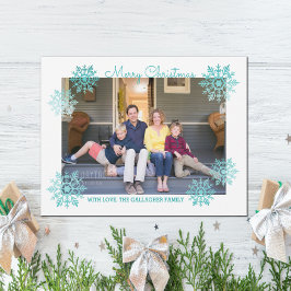 Teal Shimmering Chic Snowflake Helgdag Photo Julkort