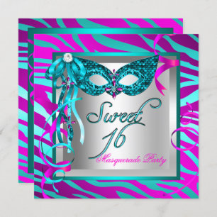 Teal Shock rosa Zebra MasqueraSweet 16 sexton Inbjudningar