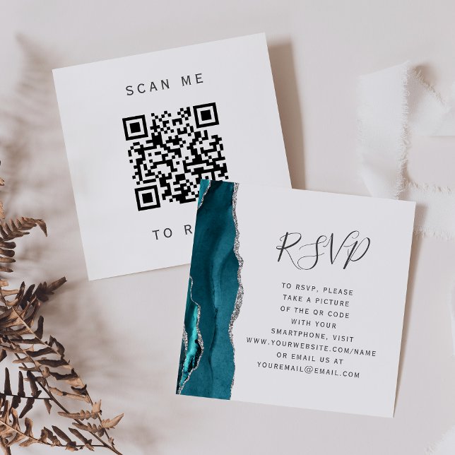 Teal Silver Agat Bröllops QR-kod RSVP Tilläggskort (Skapare uppladdad)