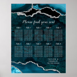 Teal Silver Agat Bröllopsplatskarta 10 Bord Poster
