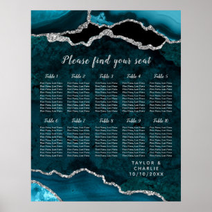 Teal Silver Agat Bröllopsplatskarta 10 Bord Poster
