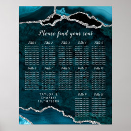 Teal Silver Agat Bröllopsplatskarta 12 Bord Poster