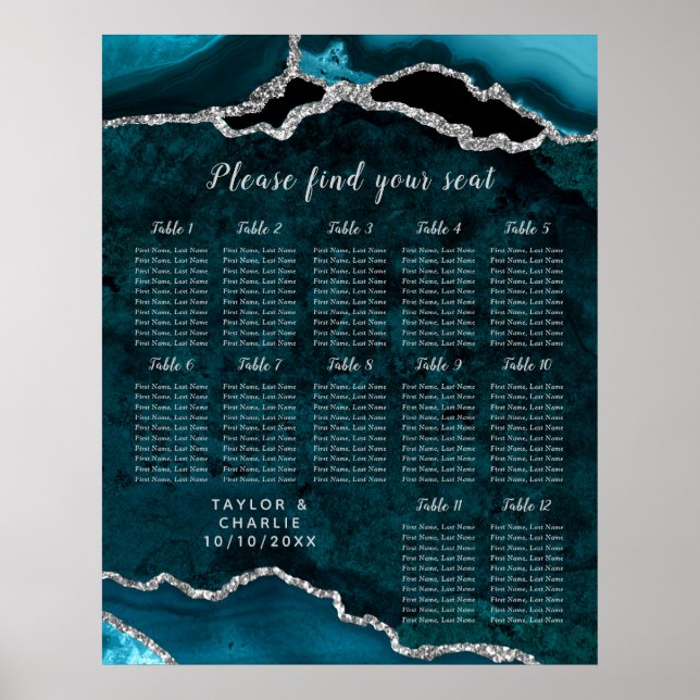 Teal Silver Agat Bröllopsplatskarta 12 Bord Poster (Framsidan)