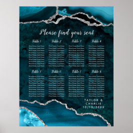 Teal Silver Agat Bröllopsplatskarta 8 Bord Poster