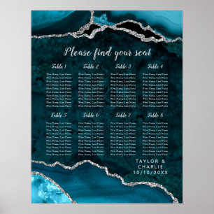 Teal Silver Agat Bröllopsplatskarta 8 Bord Poster