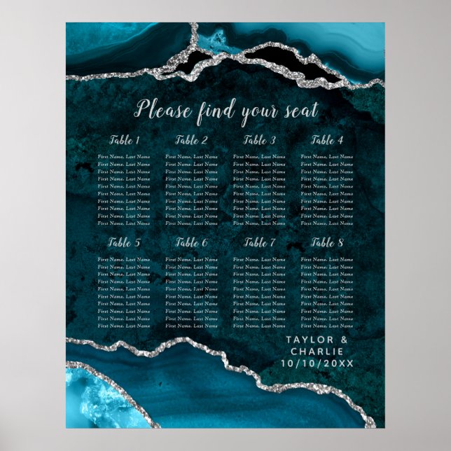 Teal Silver Agat Bröllopsplatskarta 8 Bord Poster (Framsidan)