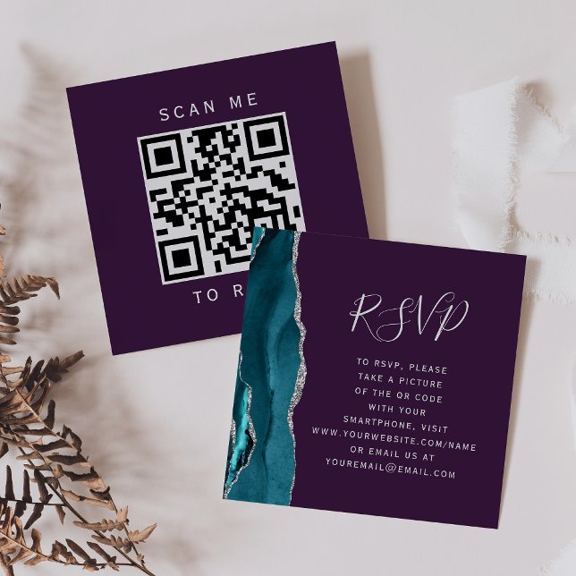 Teal Silver Agat Purpur Bröllops QR-kod RSVP Tilläggskort (Skapare uppladdad)