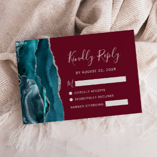 Teal Silver Agate Burgundy Bröllop OSA Kort