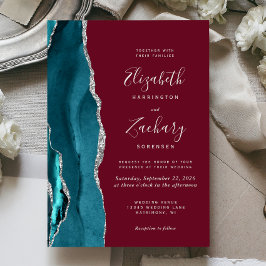 Teal Silver Agate Burgundy Wedding Invitation Inbjudningar