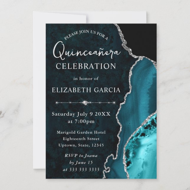 Teal Silver Agate Marble Glam Quinceañera Inbjudningar (Framsida)
