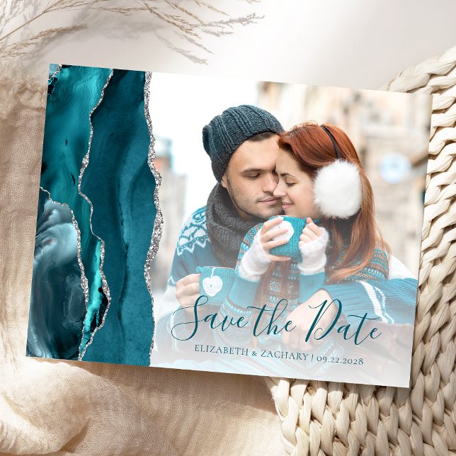 Teal Silver Agate Photo Save Date Vykort (Skapare uppladdad)