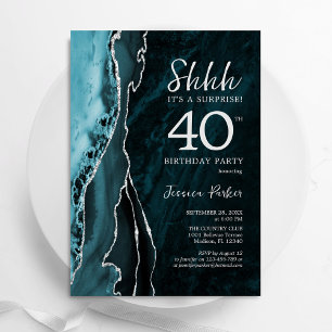 Teal Silver Agate Surprise 40:e födelsedagen Inbjudningar