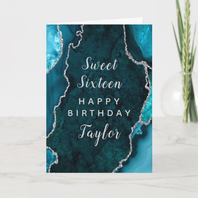 Teal Silver Agate Sweet sixteen Grattis på födelse Kort (Framsida)