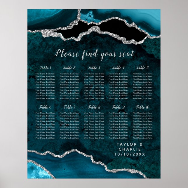 Teal Silver Agate Wedding Seating Chart 10 Table Poster (Framsidan)