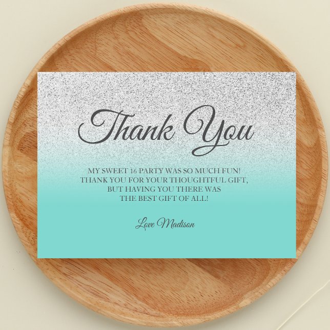 Teal Silver blå grönt glitter tack, Sweet 16 Tack Kort (Teal Blue Thank You Card)