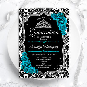 Teal Silver Black Damask Elegant Quinceanera Inbjudningar