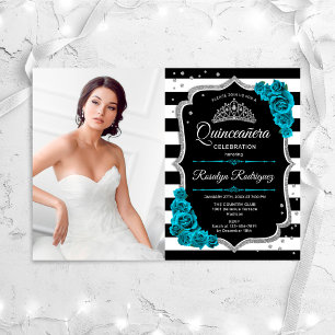 Teal Silver Black Quinceanera Party med foto Inbjudningar