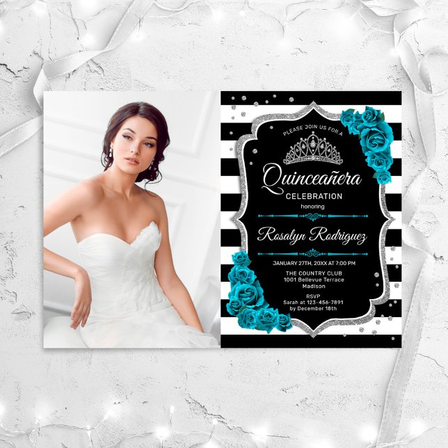 Teal Silver Black Quinceanera Party med foto Inbjudningar (Skapare uppladdad)