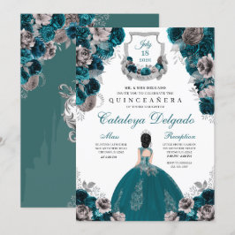 Teal & Silver Blommigt Elegant Quinceañera Inbjudningar