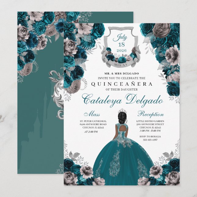 Teal & Silver Blommigt Elegant Quinceañera Inbjudningar (Fram/baksida)