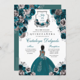 Teal & Silver Blommigt Elegant Quinceañera Inbjudningar