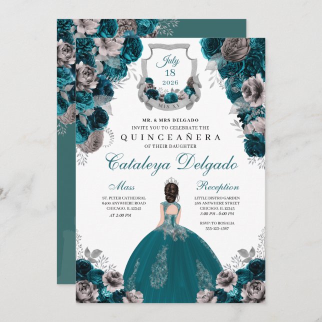 Teal & Silver Blommigt Elegant Quinceañera Inbjudningar (Fram/baksida)